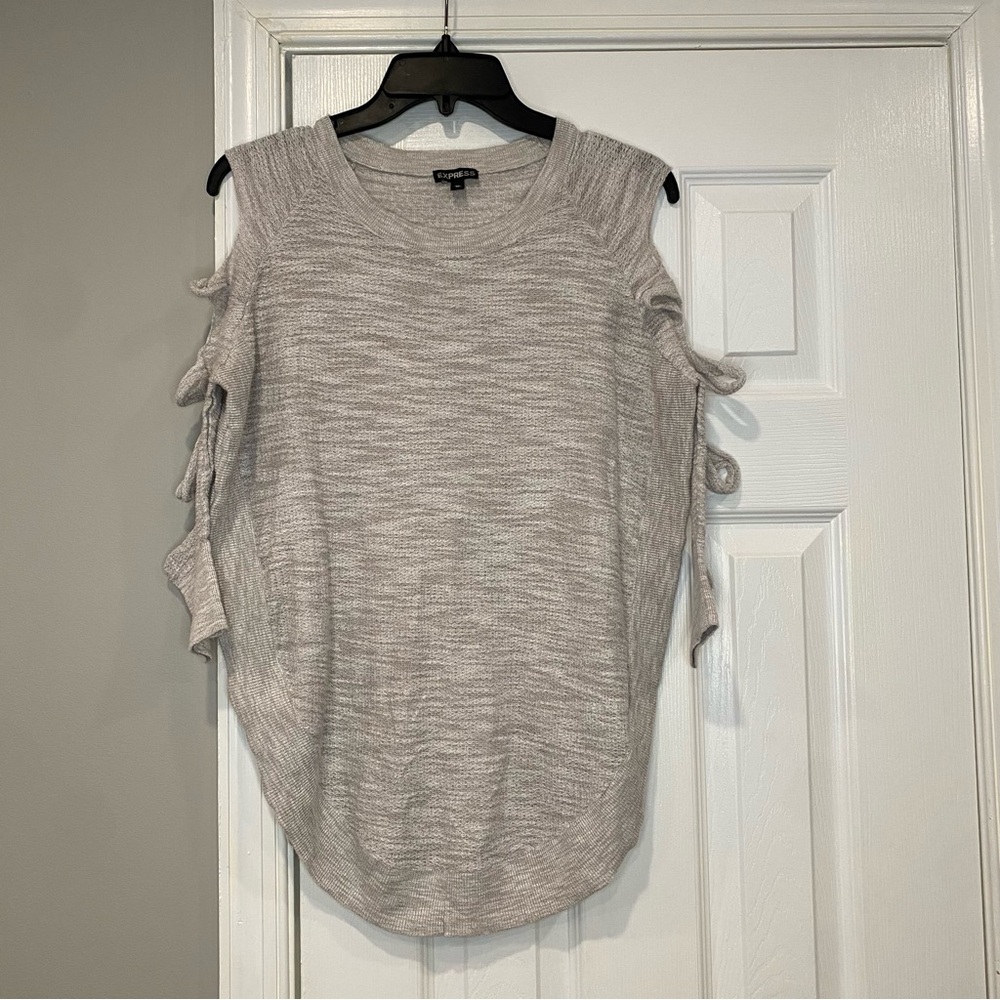 Express Cold Shoulder Cut Out Slit 3/4 Sleeve Sweater Heather Oatmeal Knit XS